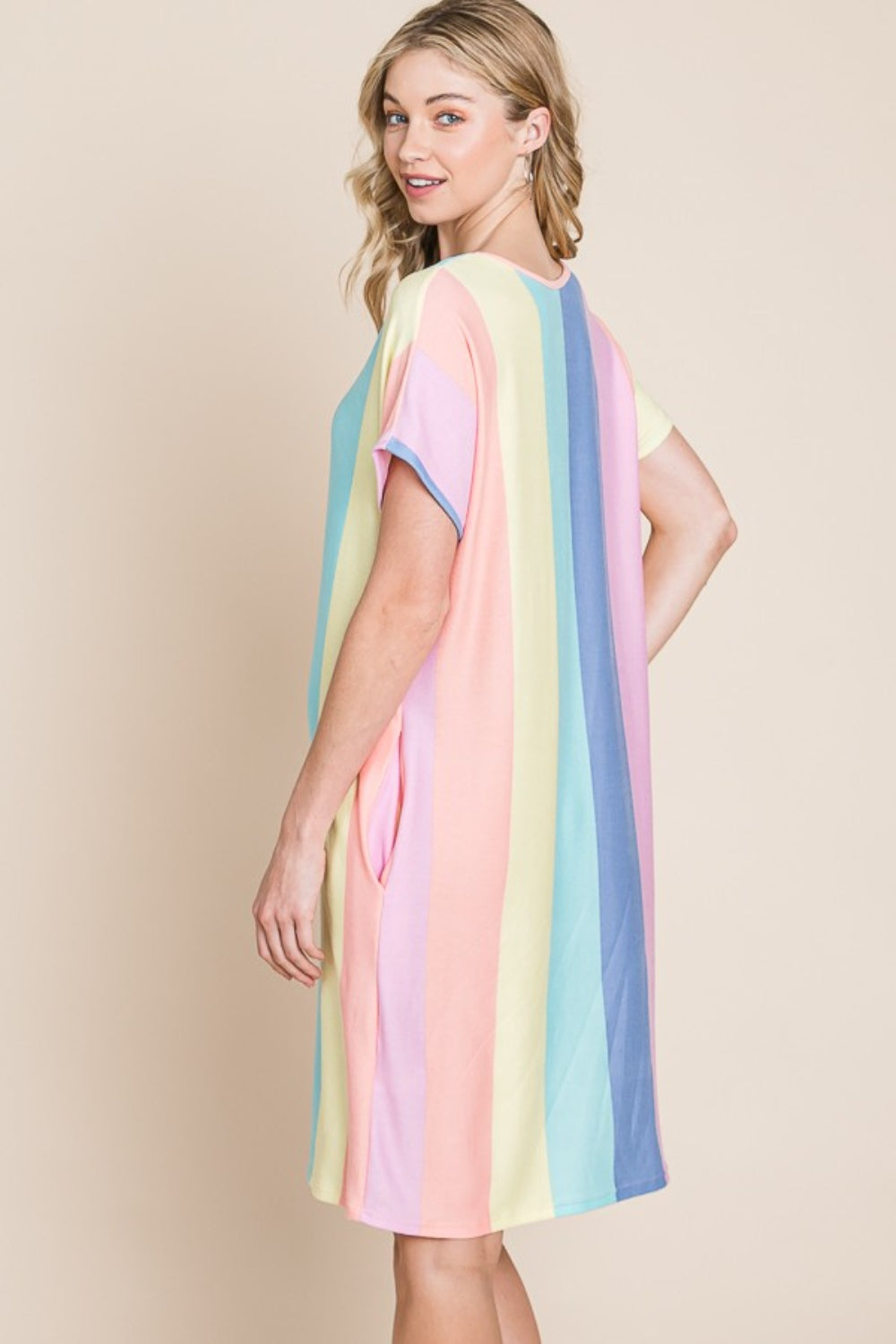 BOMBOM Striped Short Sleeve Dress with Pockets 