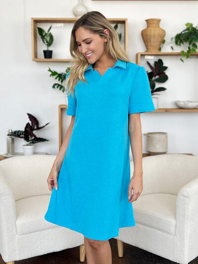 Double Take Full Size Texture Collared Neck Short Sleeve Dress 