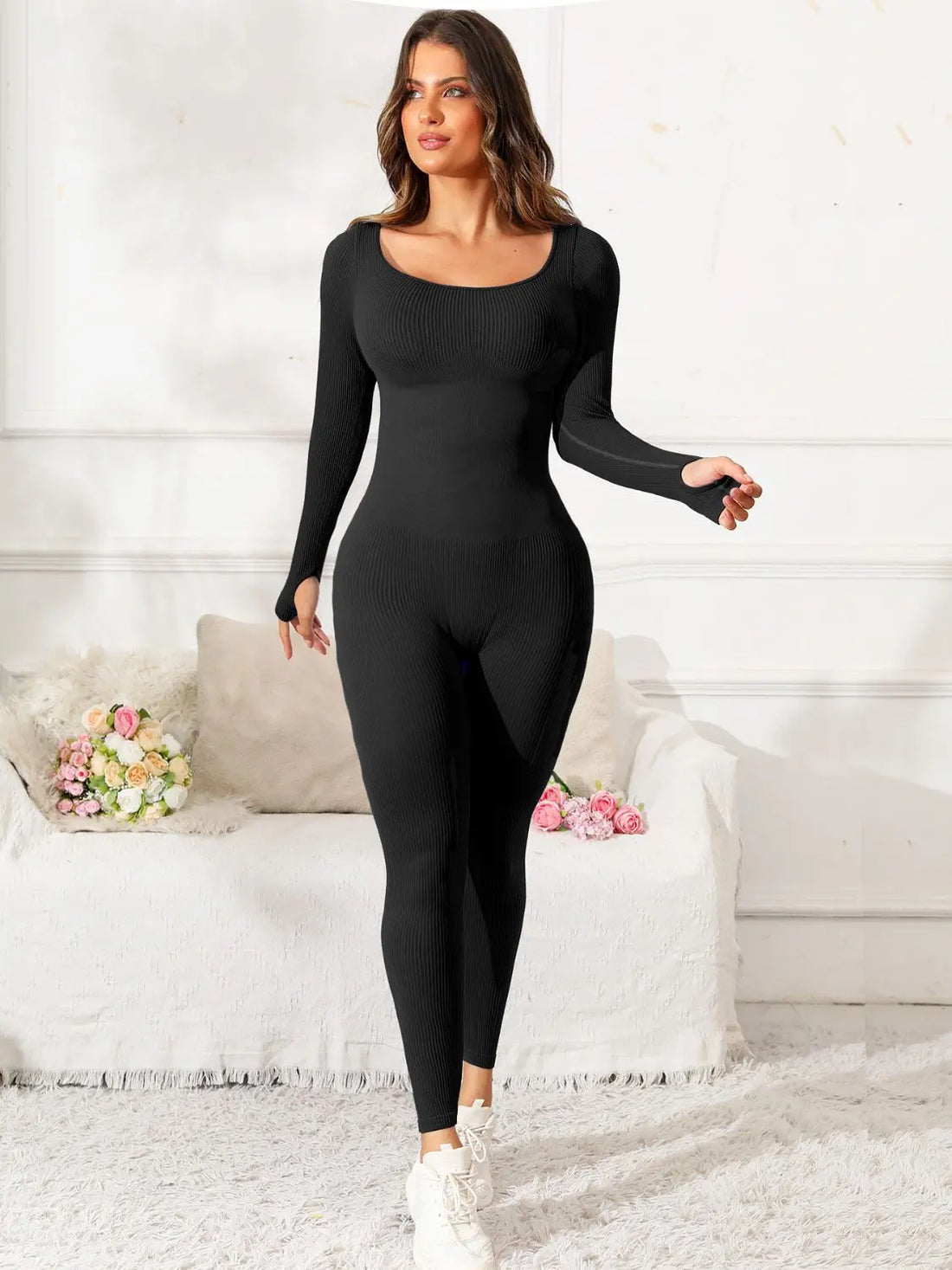 Scoop Neck Long Sleeve Active Jumpsuit 