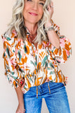 Yellow Abstract Print Drawstring Frilled V Neck 3/4 Sleeve Blouse Tops/Blouses & Shirts