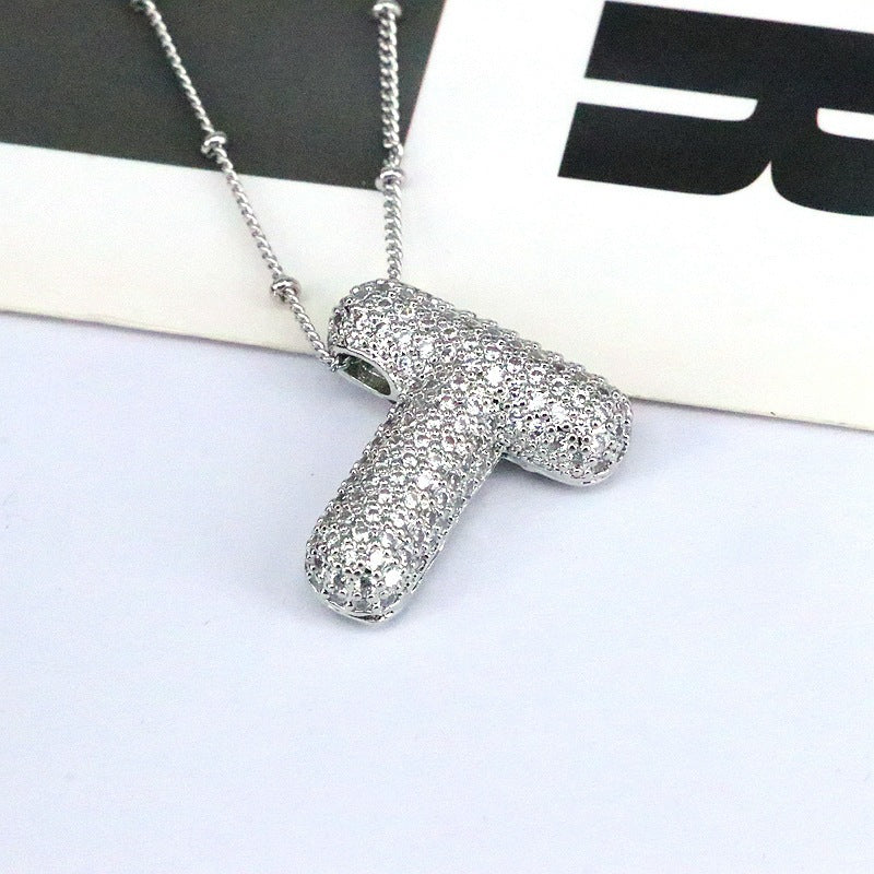 Copper Inlaid Zircon Letter Pendant Necklace 