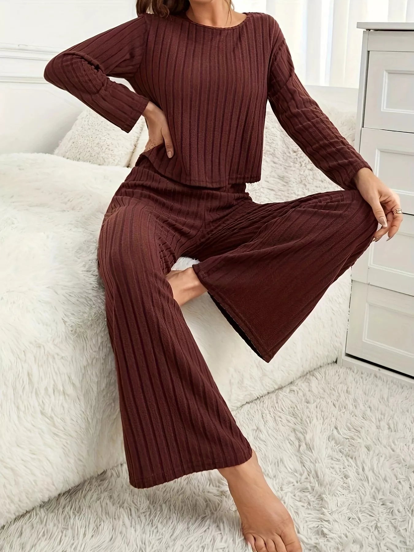 Ribbed Round Neck Long Sleeve Top and Pants Lounge Set Lingerie & Nightwear