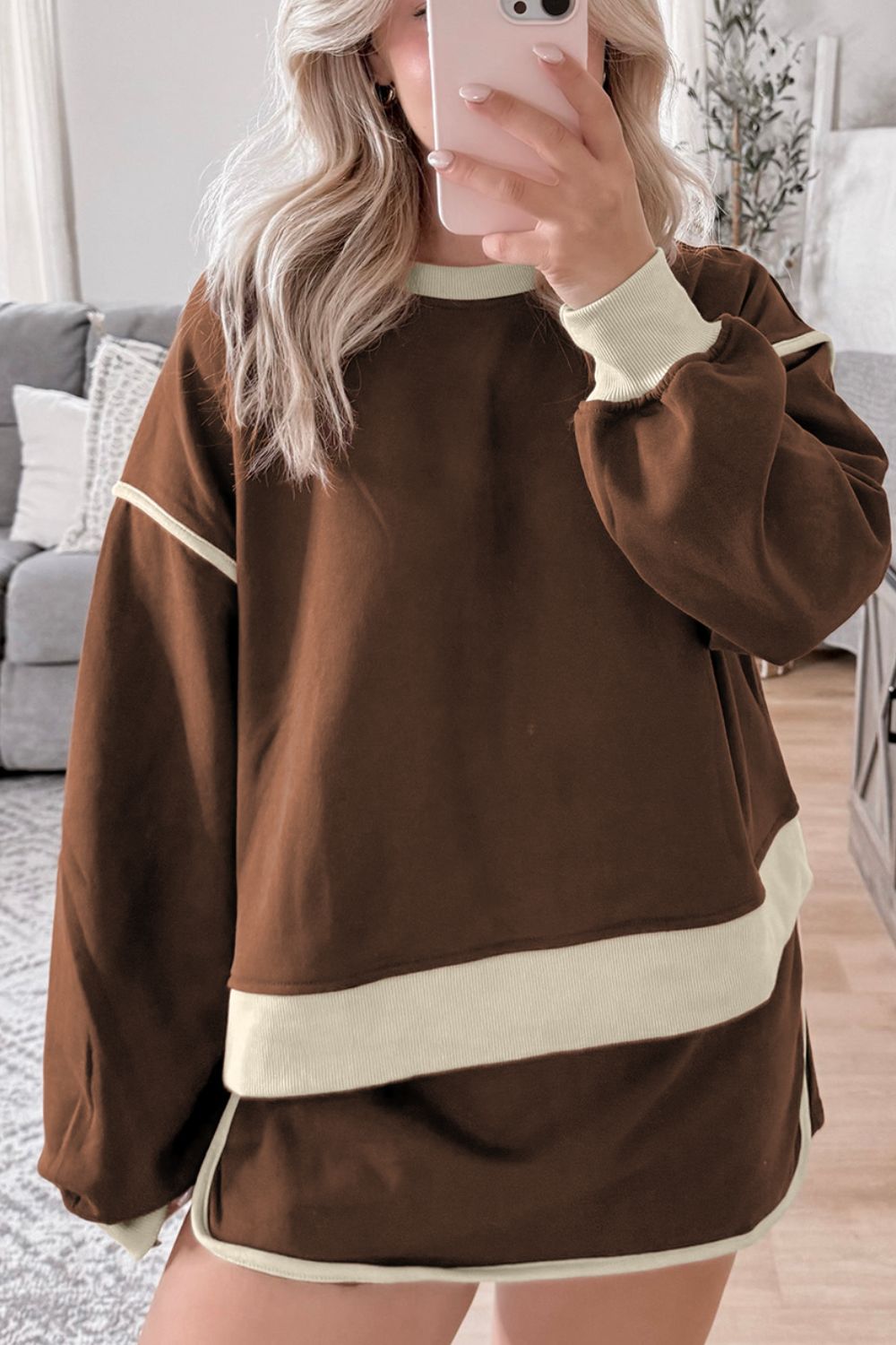 Contrast Trim Round Neck Top and Skort Set 