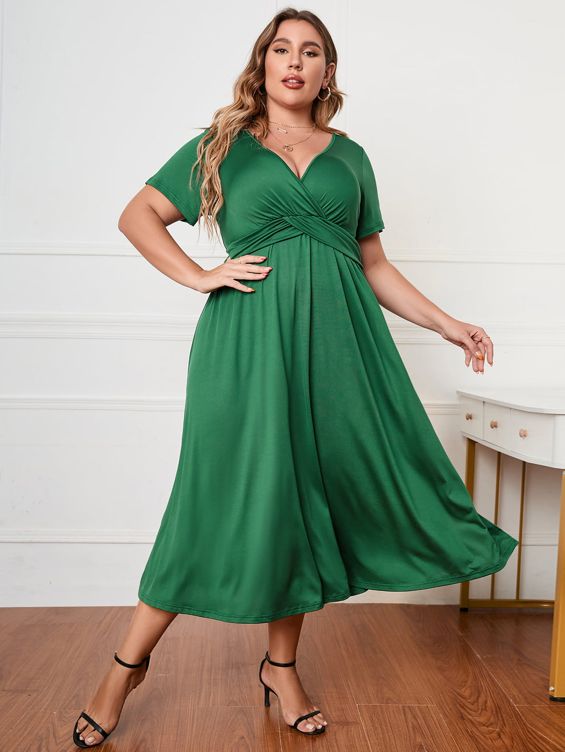 Honey Plus Size Short Sleeve Surplice Neck Midi Dress 
