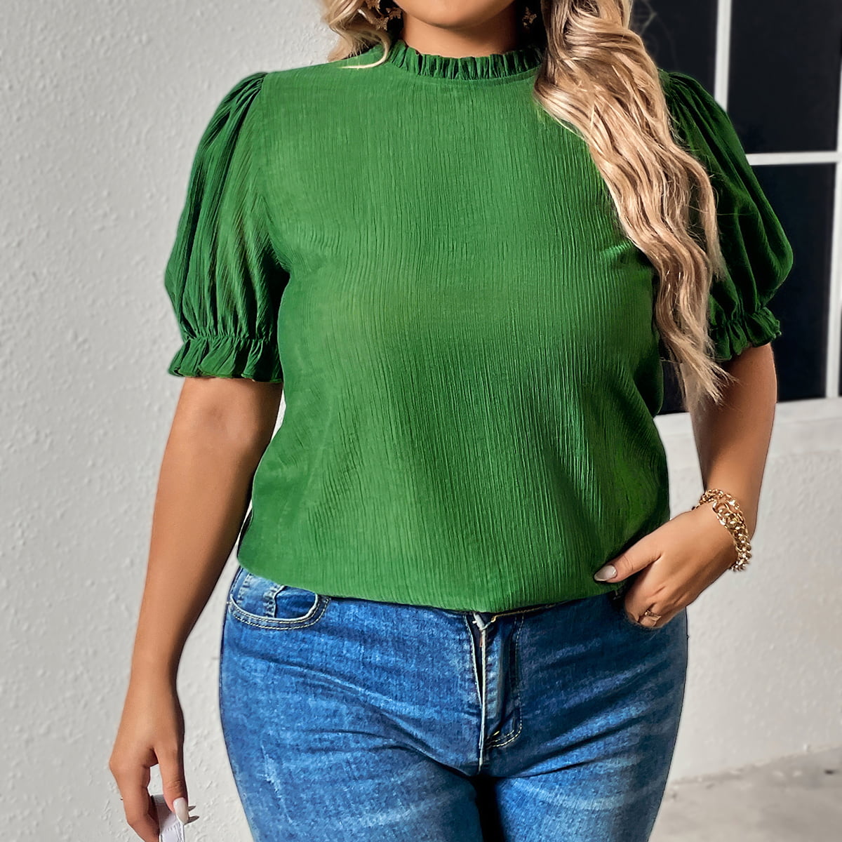 Honey Plus Size Round Neck Flounce Sleeve Blouse 