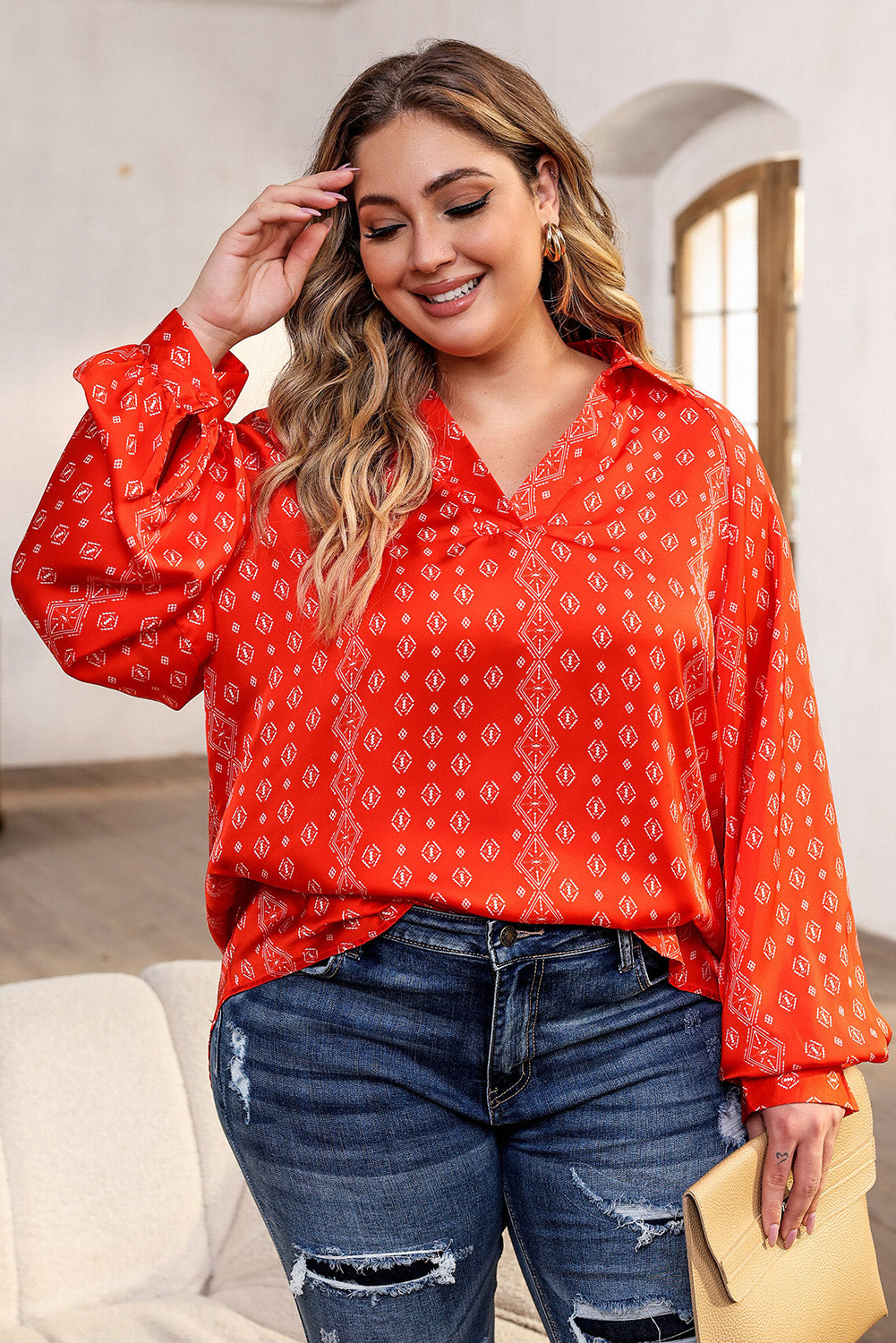 Plus Size Printed Johnny Collar Long Sleeve Blouse 