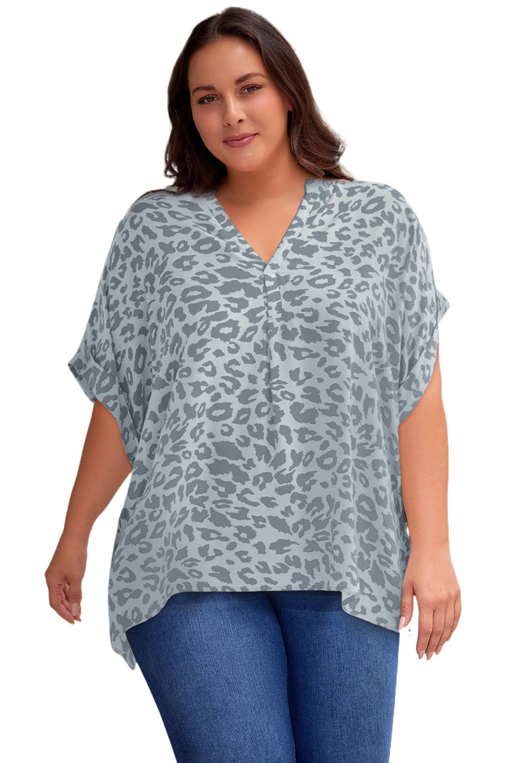 Plus Size Printed Notched Neck Half Sleeve Top 