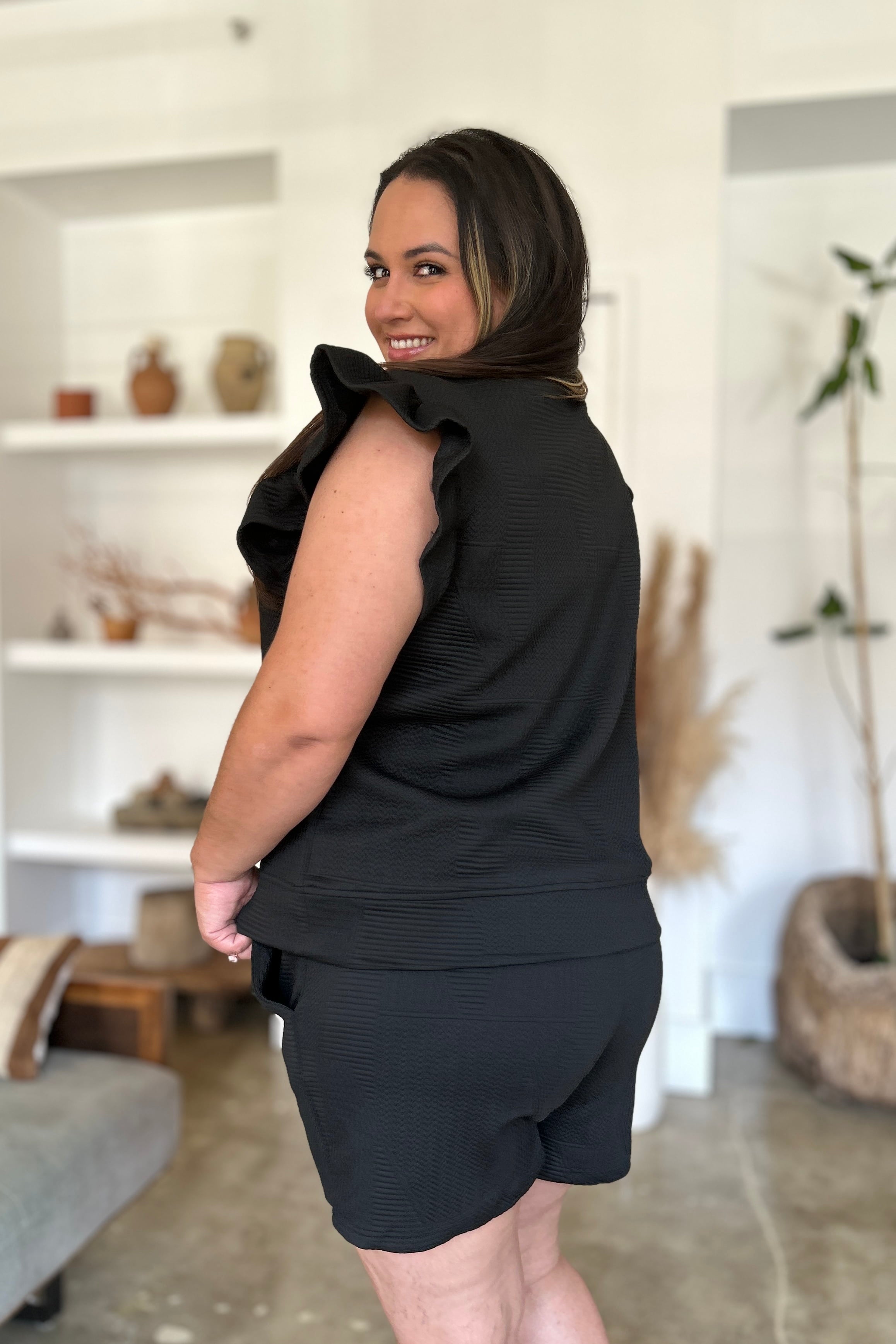 Double Take Full Size Texture Flounce Sleeve Top and Shorts Set 