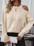 Cable Knit Round Neck Cold Shoulder Sweater 