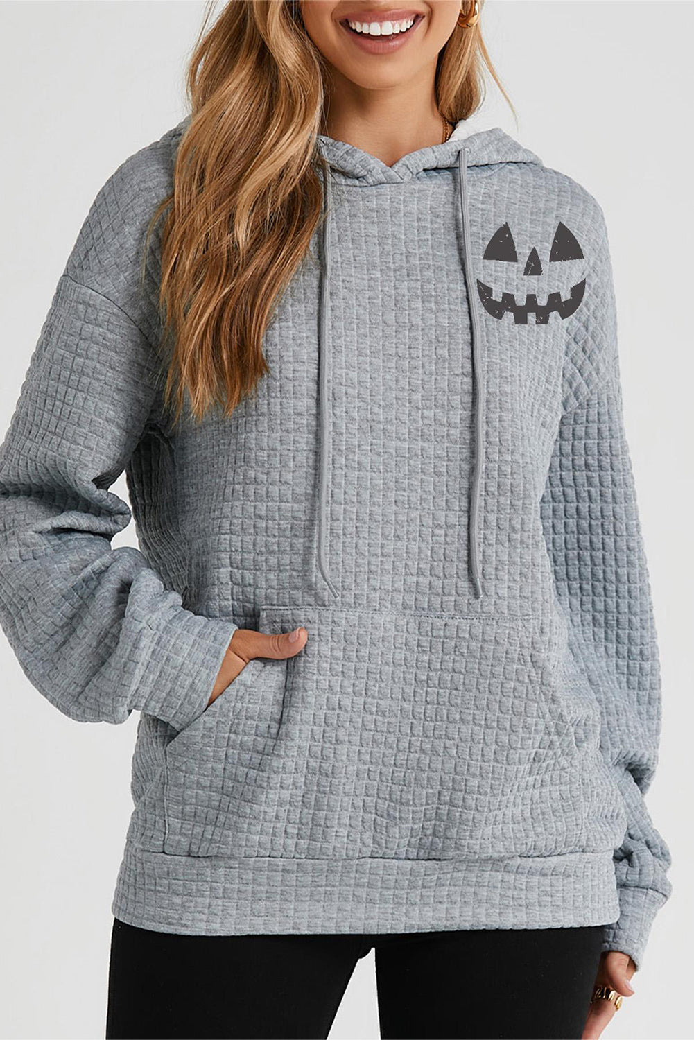 Pumpkin Face Graphic Drawstring Hoodie with Pocket 