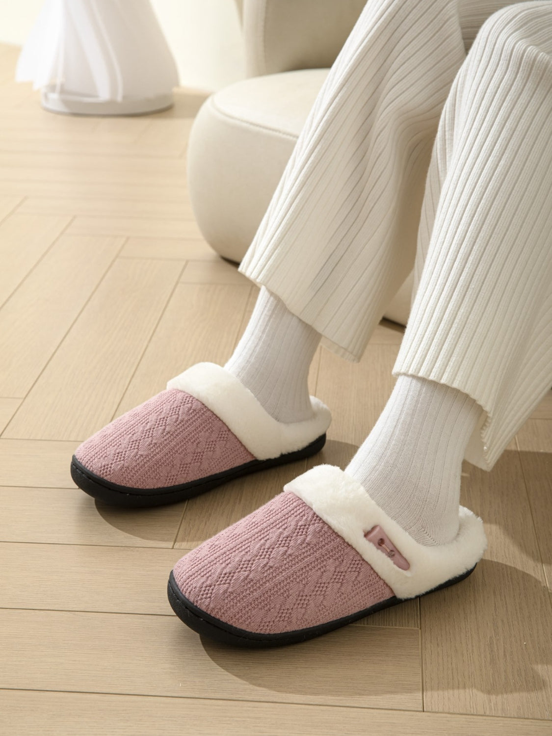 Horn Buckle Furry Texture Flat Slippers 