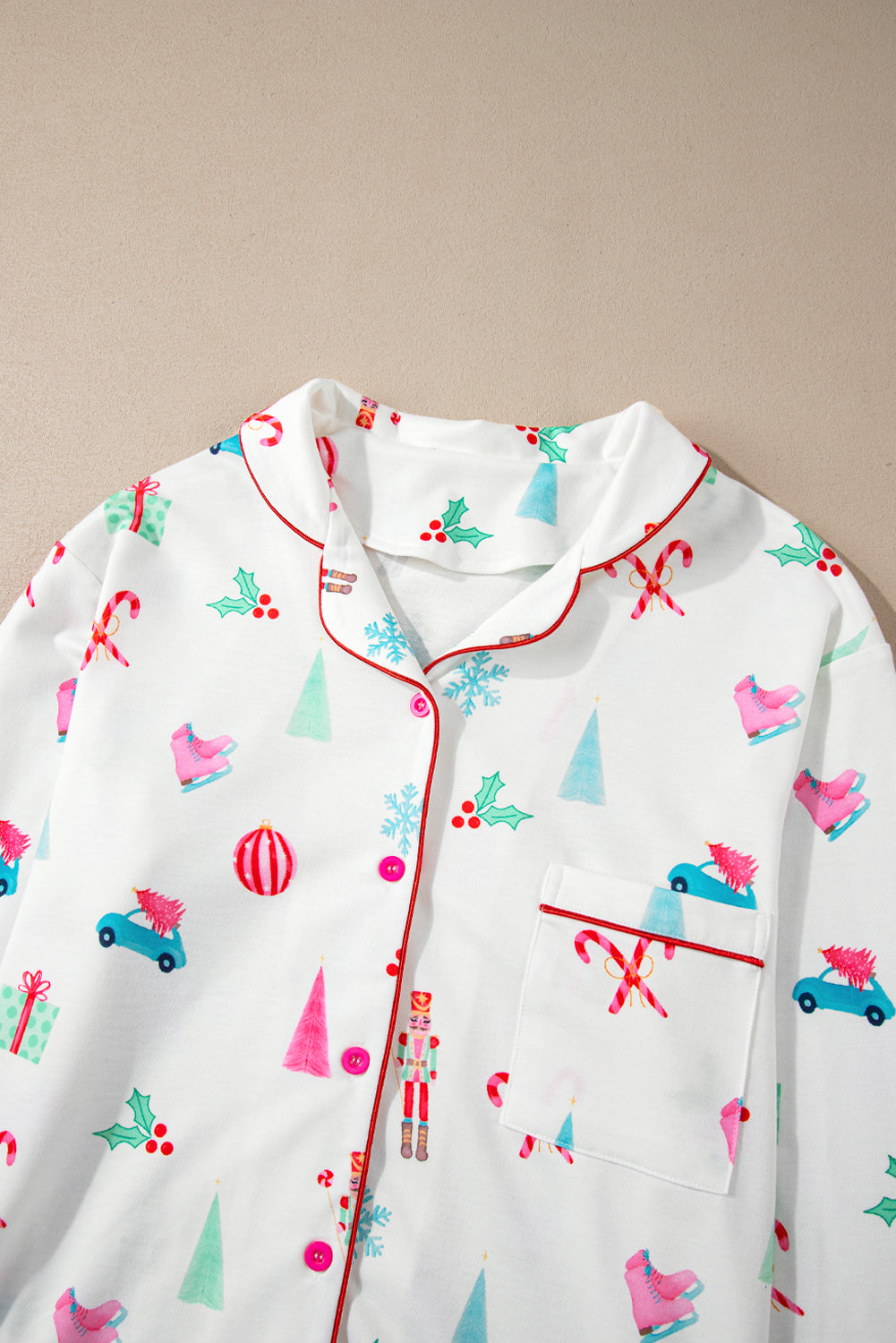 Christmas Printed Collared Neck Top and Pants Lounge Set 