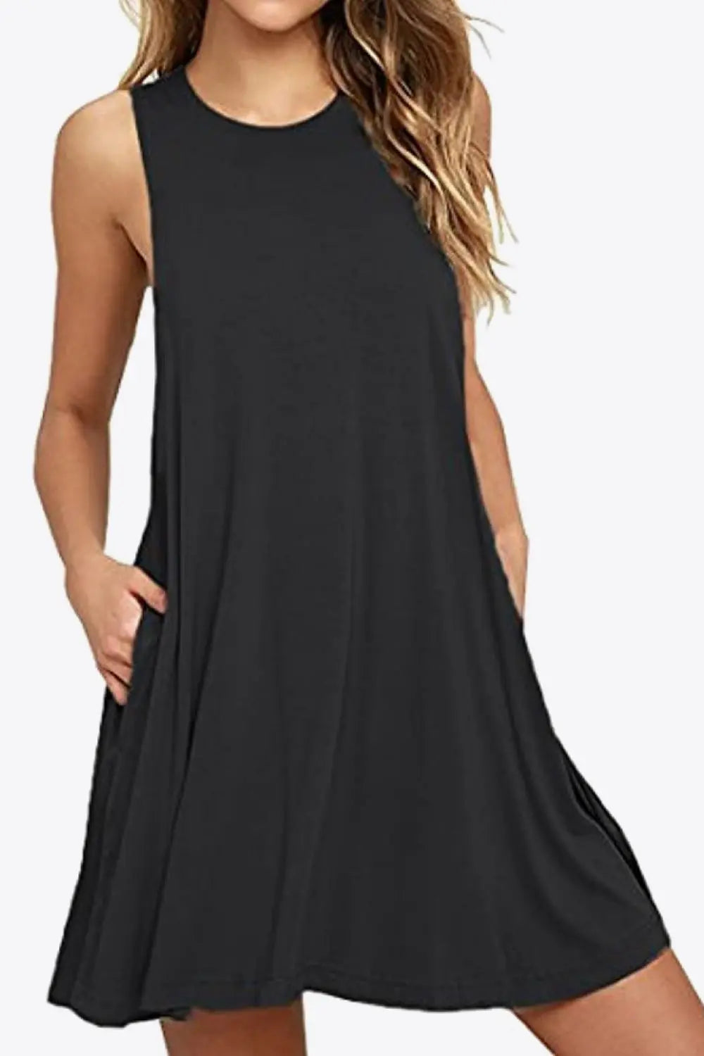 Full Size Round Neck Sleeveless Dress with Pockets 