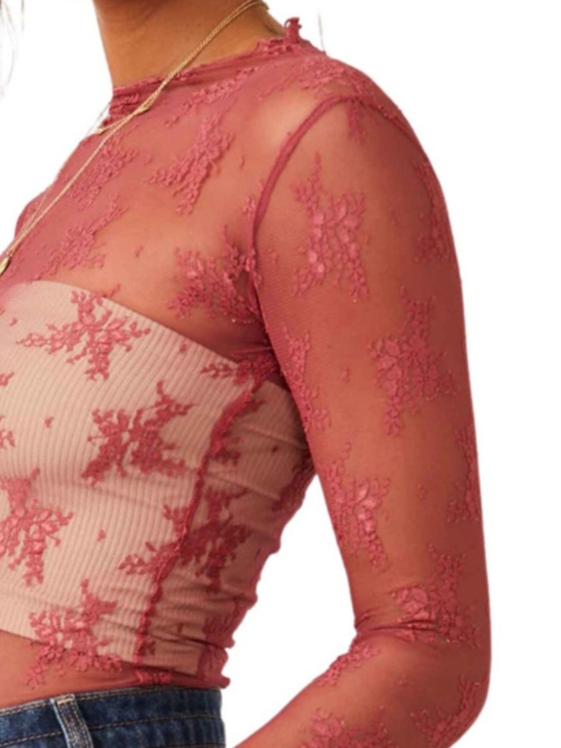 Lace Mock Neck Long Sleeve Blouse 