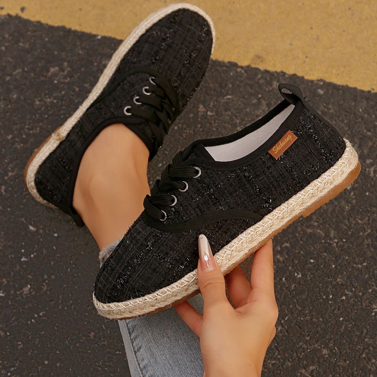 Lace Up Round Toe Flats Tweed Sneakers 