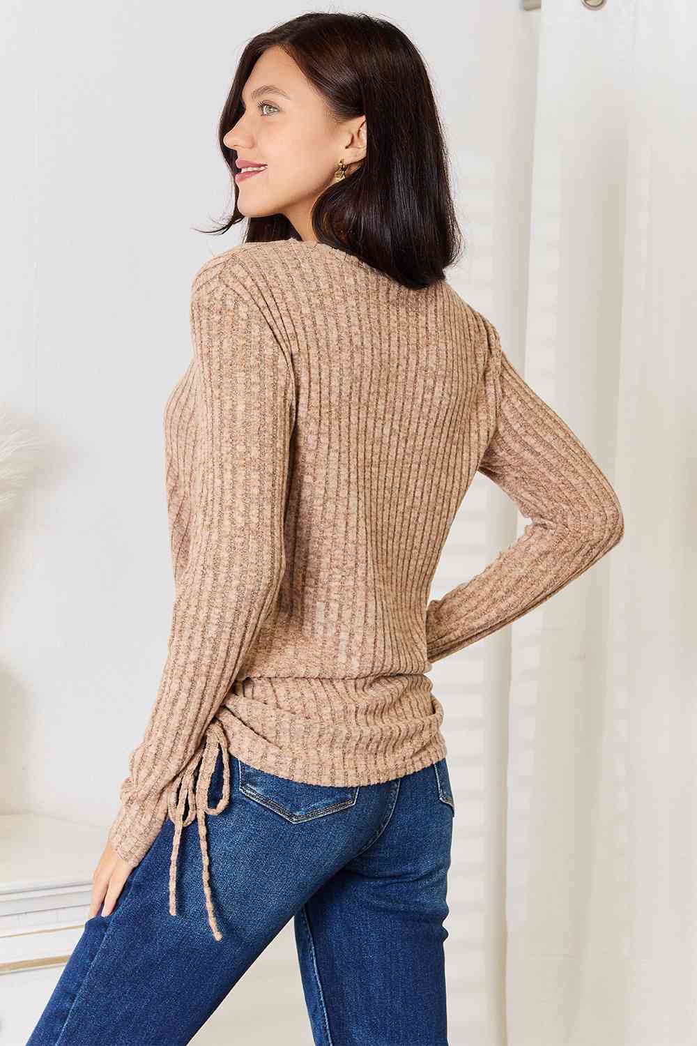 Double Take Drawstring Ribbed Long Sleeve T-Shirt 