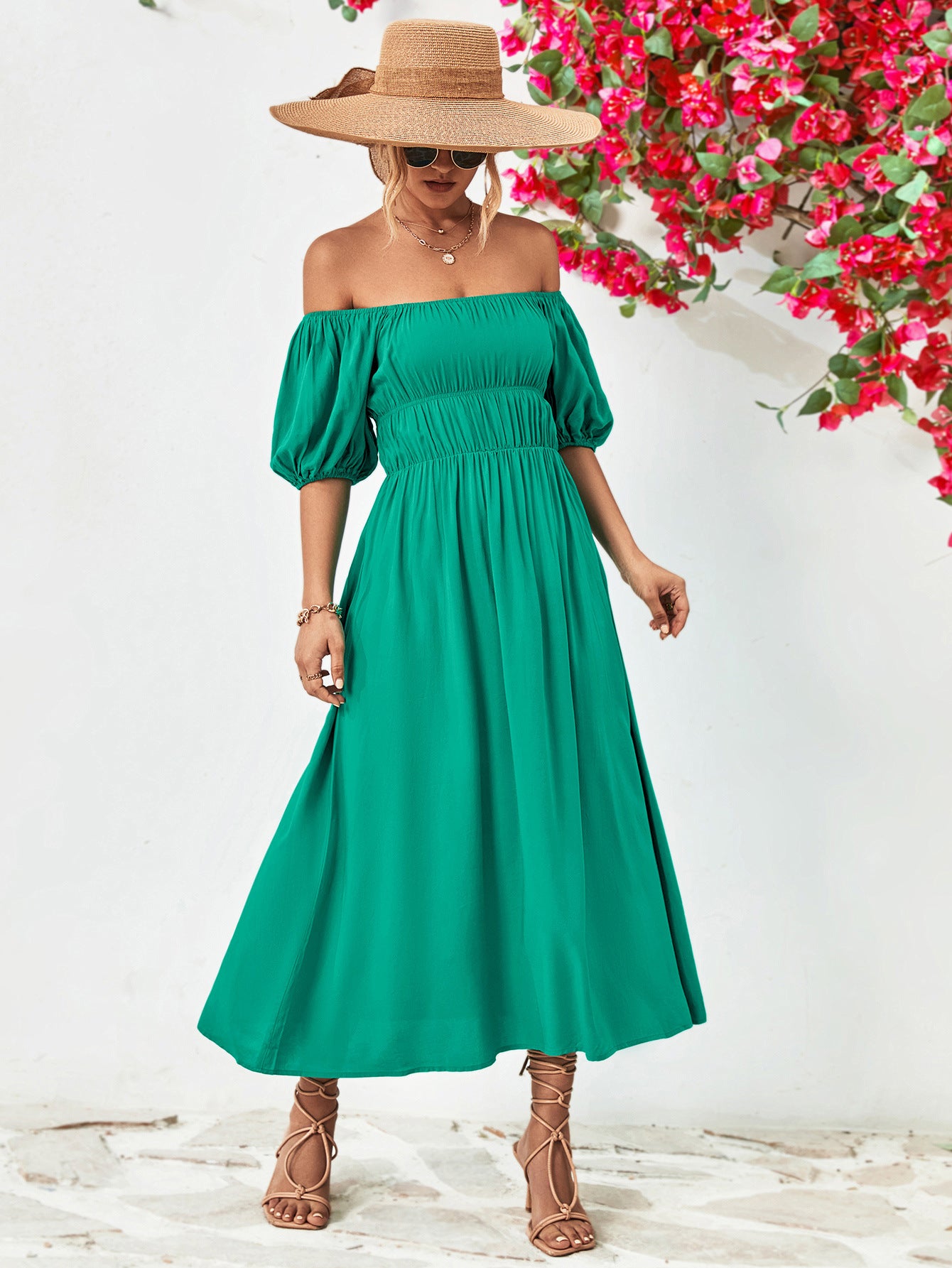 Off-Shoulder Balloon Sleeve Midi Dress 