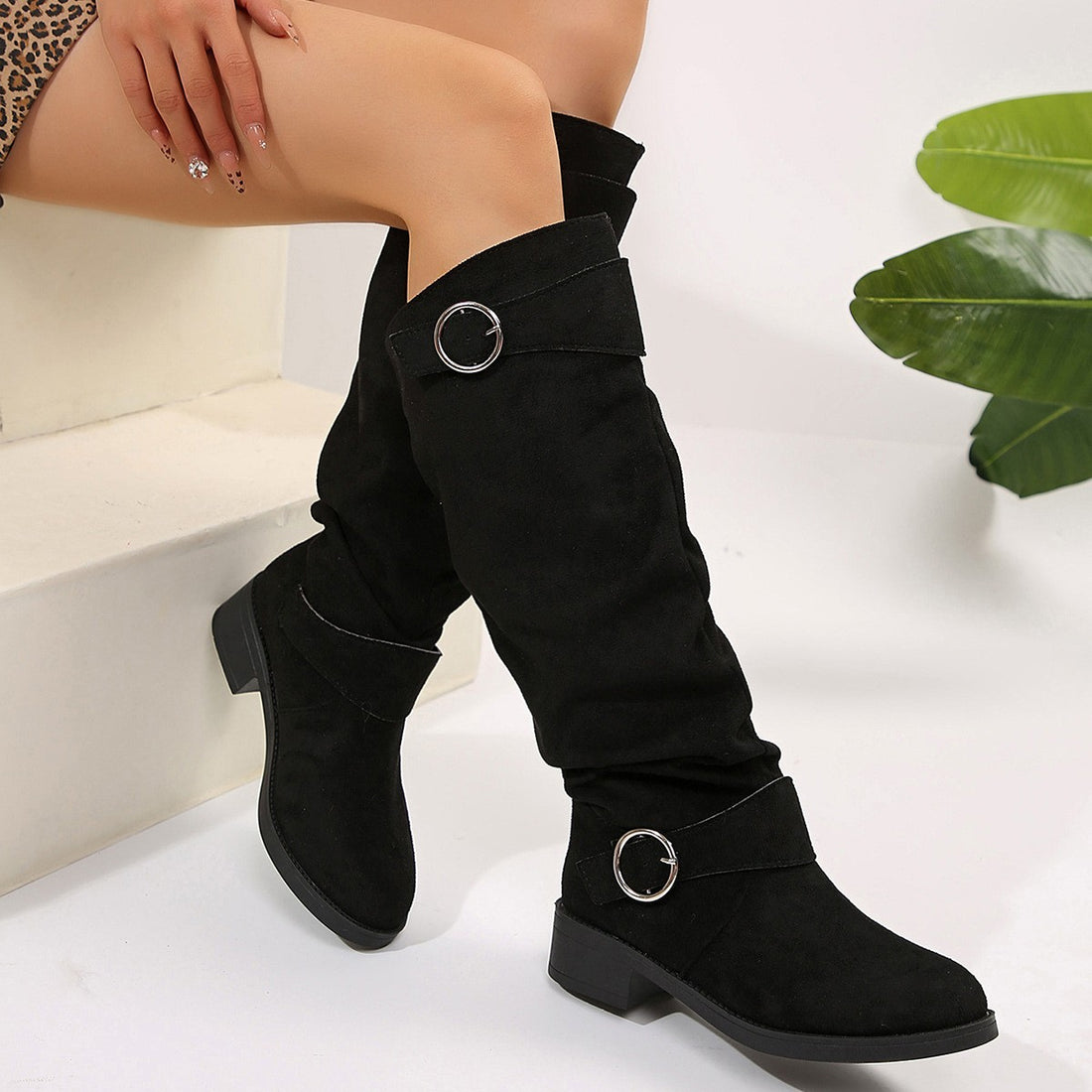 Buckle Round Toe Block Heel Boots 