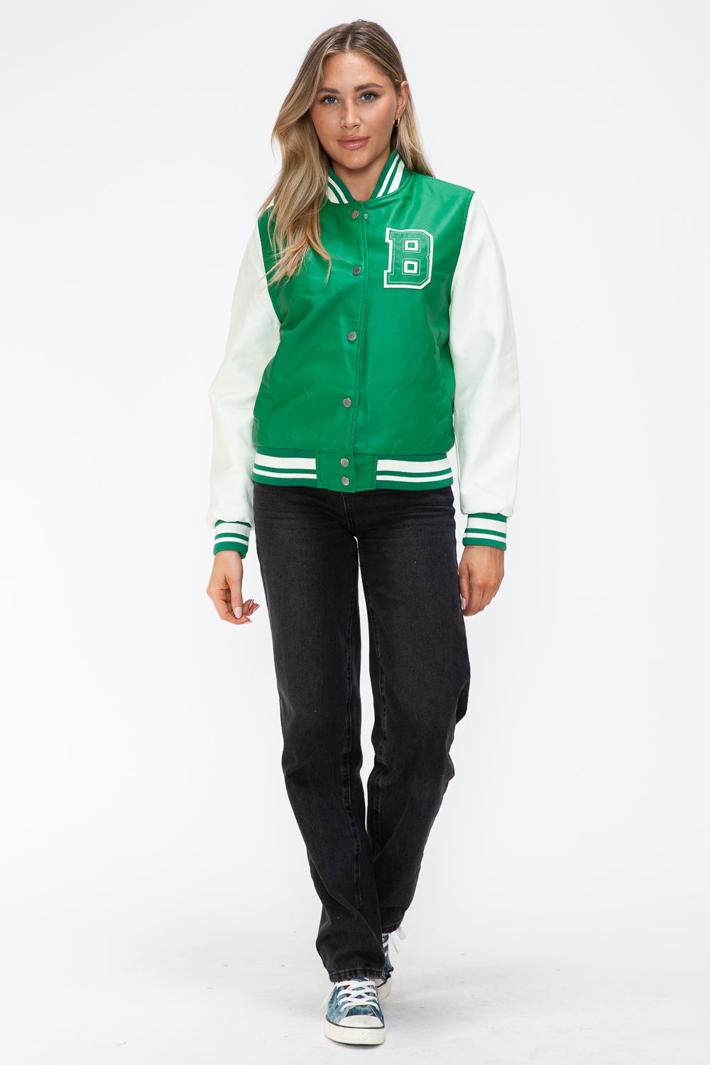 Love Me Now PU Leather Contrast Snap Down Bomber Jacket 