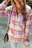 Purple Corduroy Pockets Brushed Checkered Shacket Outerwear/Plaid Shackets