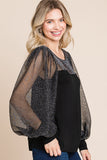 Super Lady Full Size Metallic Mesh Lantern Sleeve Blouse 