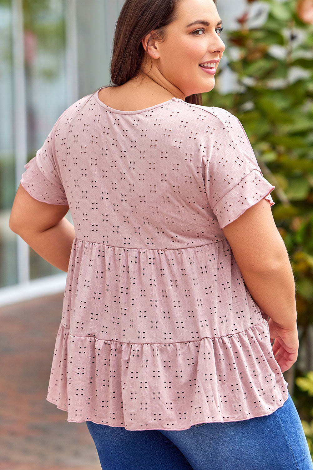 Plus Size Eyelet Round Neck Short Sleeve Blouse 