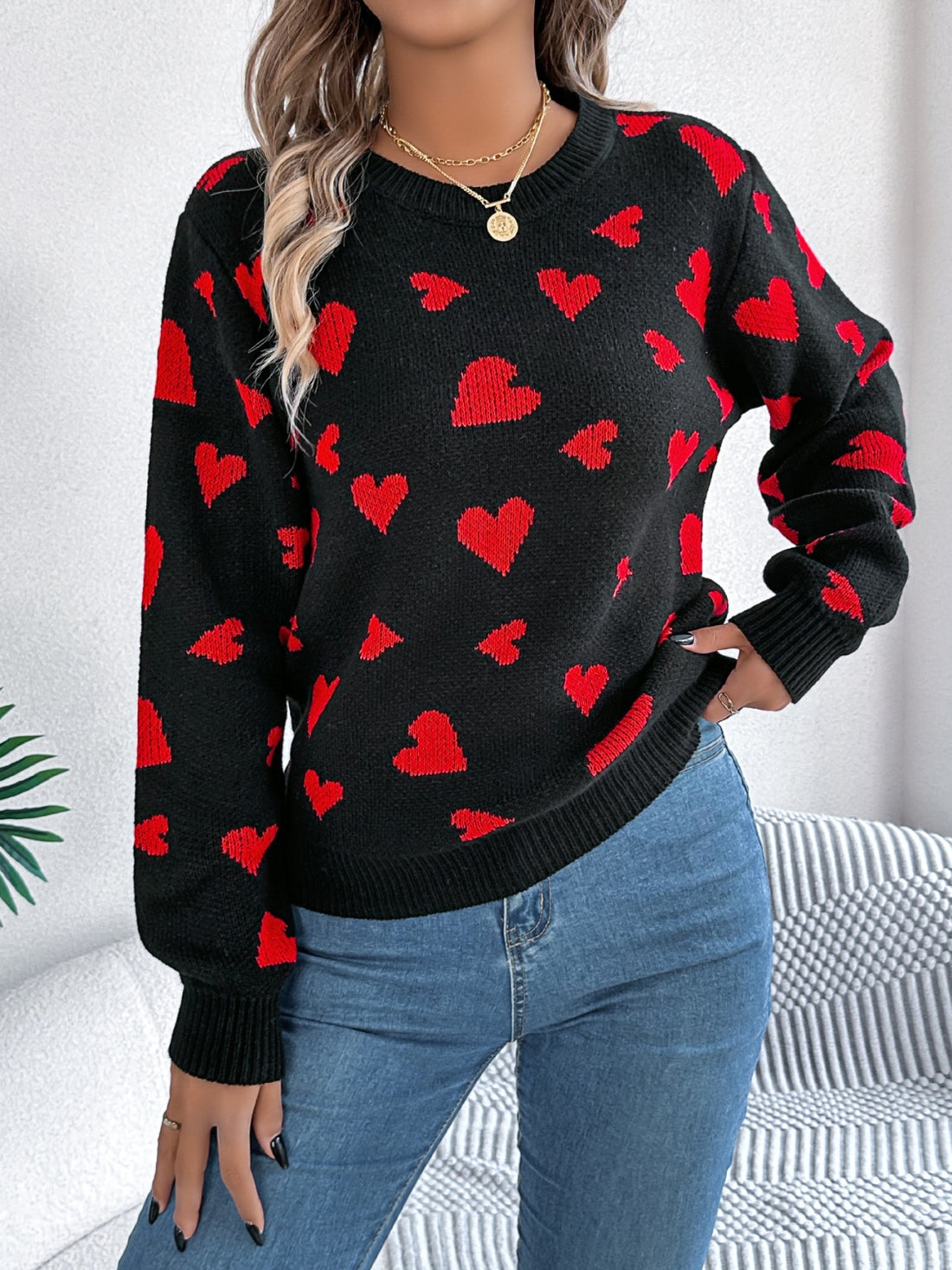 Heart Round Neck Long Sleeve Sweater 