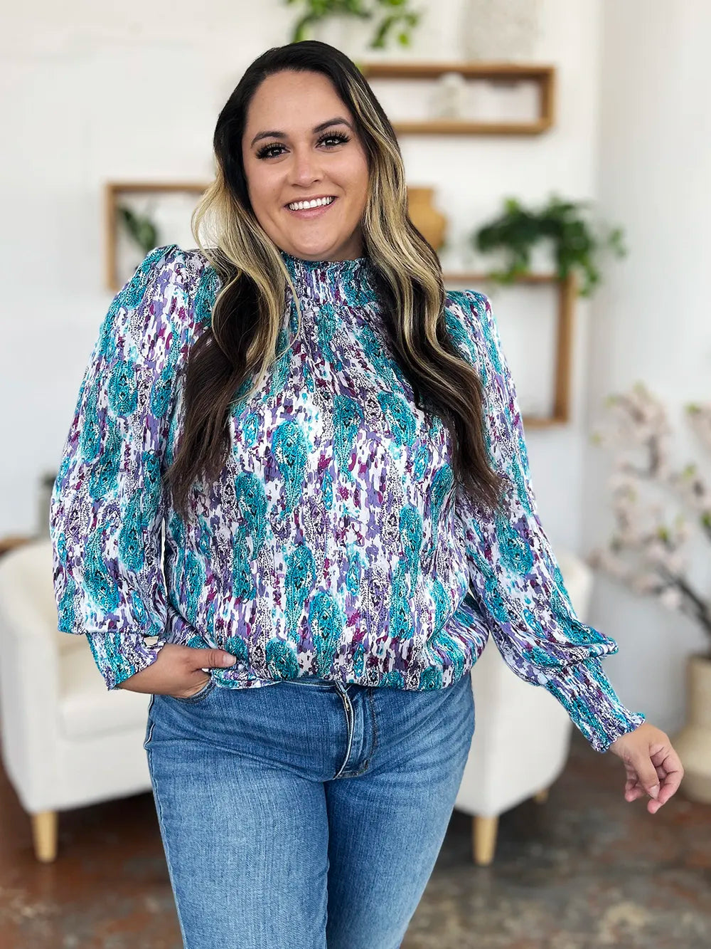 Double Take Full Size Printed Smocked Long Sleeve Blouse 