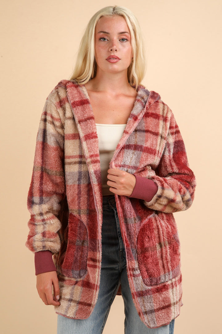 VERY J Fuzzy Plaid Long Sleeve Hooded Jacket 
