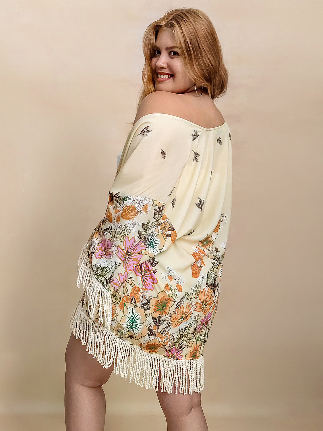 Plus Size Fringe Printed Open Front Cardigan 