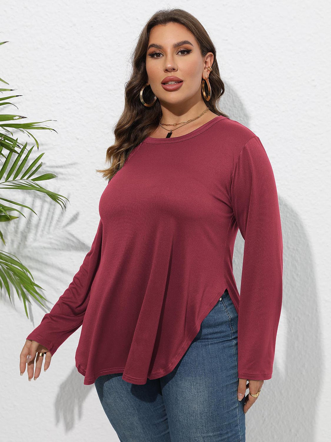 Plus Size Round Neck Long Sleeve Slit T-Shirt 