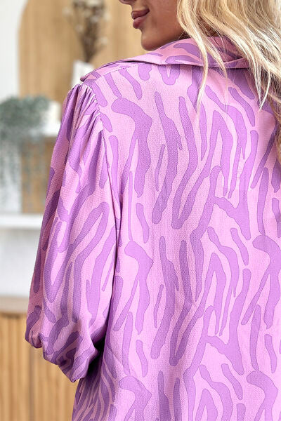 Double Take Full Size Printed Smocked Long Sleeve Blouse 