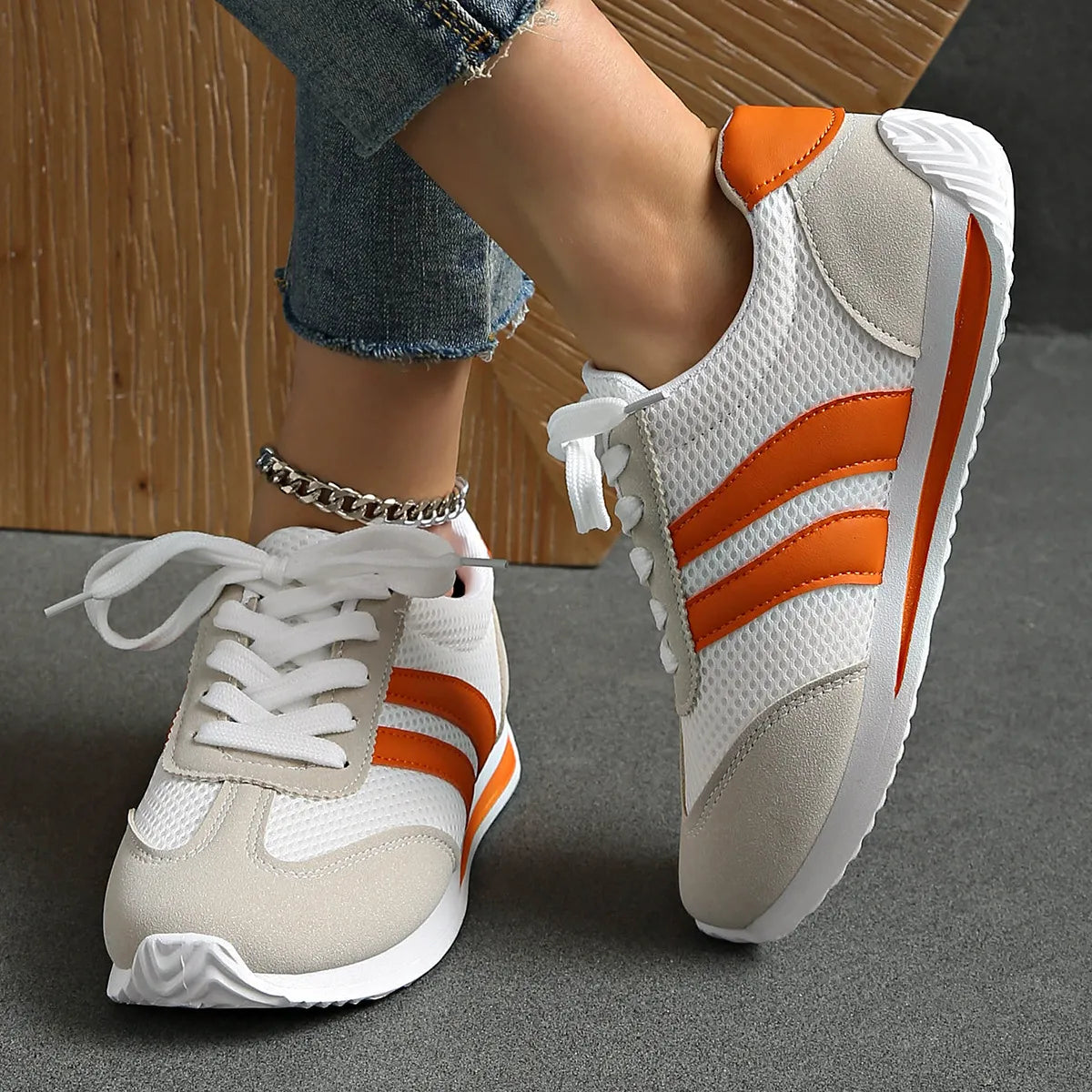 Striped Contrast Mesh Lace Up Sneakers 