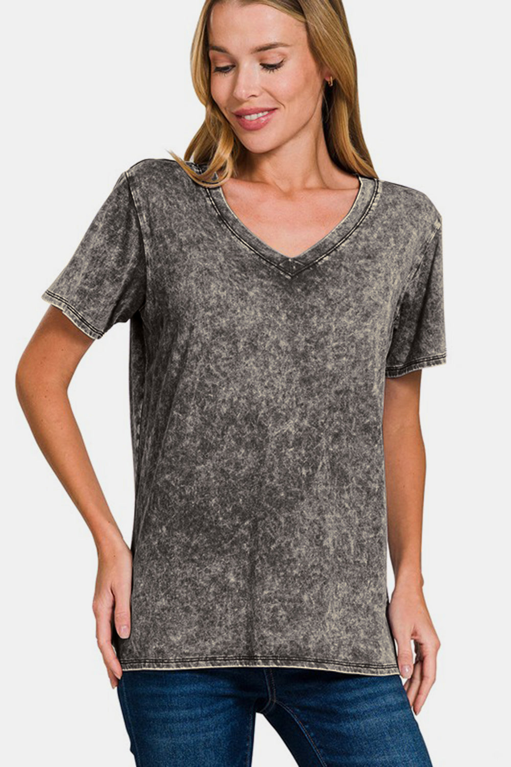 Zenana Full Size Washed Short Sleeve V-Neck T-Shirt 