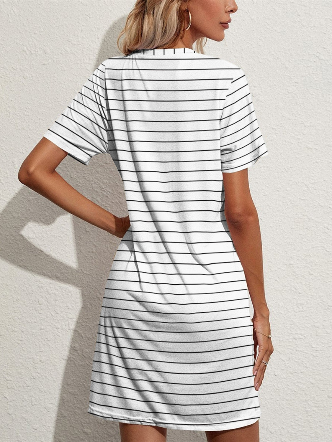FAM-FAM Pocketed Striped Round Neck Short Sleeve Dress 