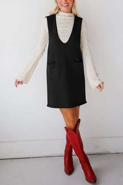 Lovelet Pocketed V-Neck Mini Sweater Overall Dress Dresses
