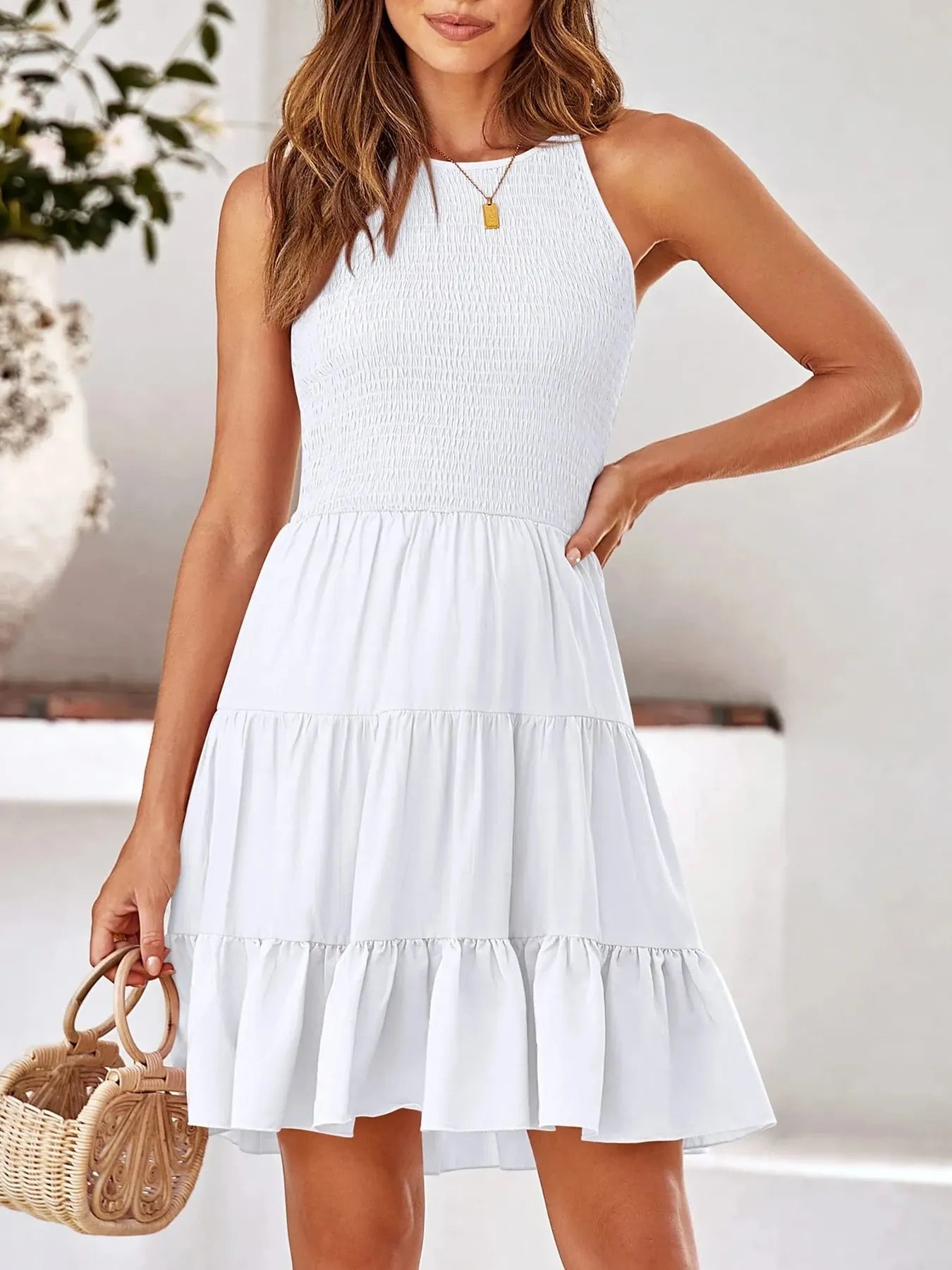 Full Size Sleeveless Smocked Tiered Summer Flare Dress Plus Size 