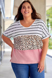 Plus Size Striped Leopard Round Neck Half Sleeve T-Shirt 