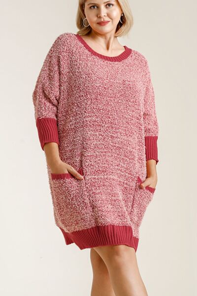 Umgee Full Size Ribbed Hem Round Neck 3/4 Sleeve Sweater Dress with Pockets Plus Size Dresses