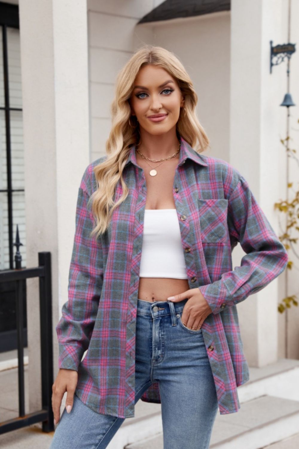 Mandy Pocketed Plaid Collared Neck Long Sleeve Shirt 