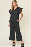 Double Take Texture Ruffle Short Sleeve Top and Drawstring Wide Leg Pants Set 