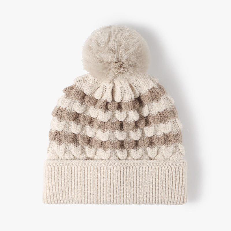 Striped Contrast Knit Hat with Pom-pom 