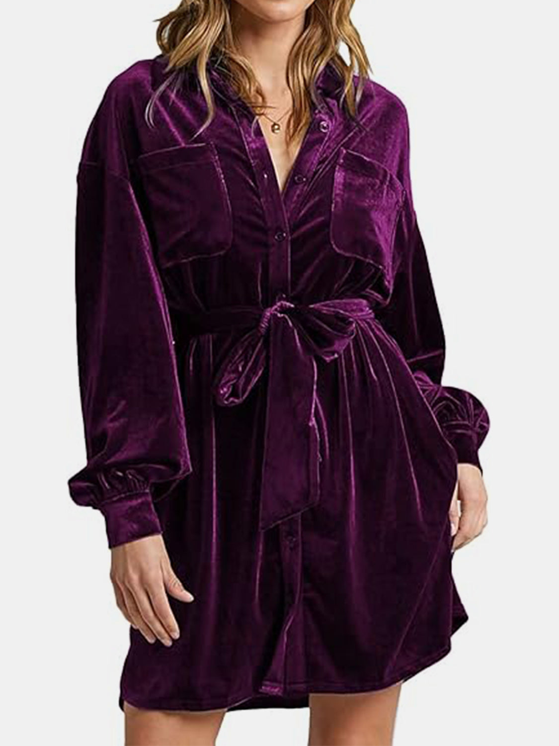 Collared Neck Button Down Long Sleeve Mini Dress 