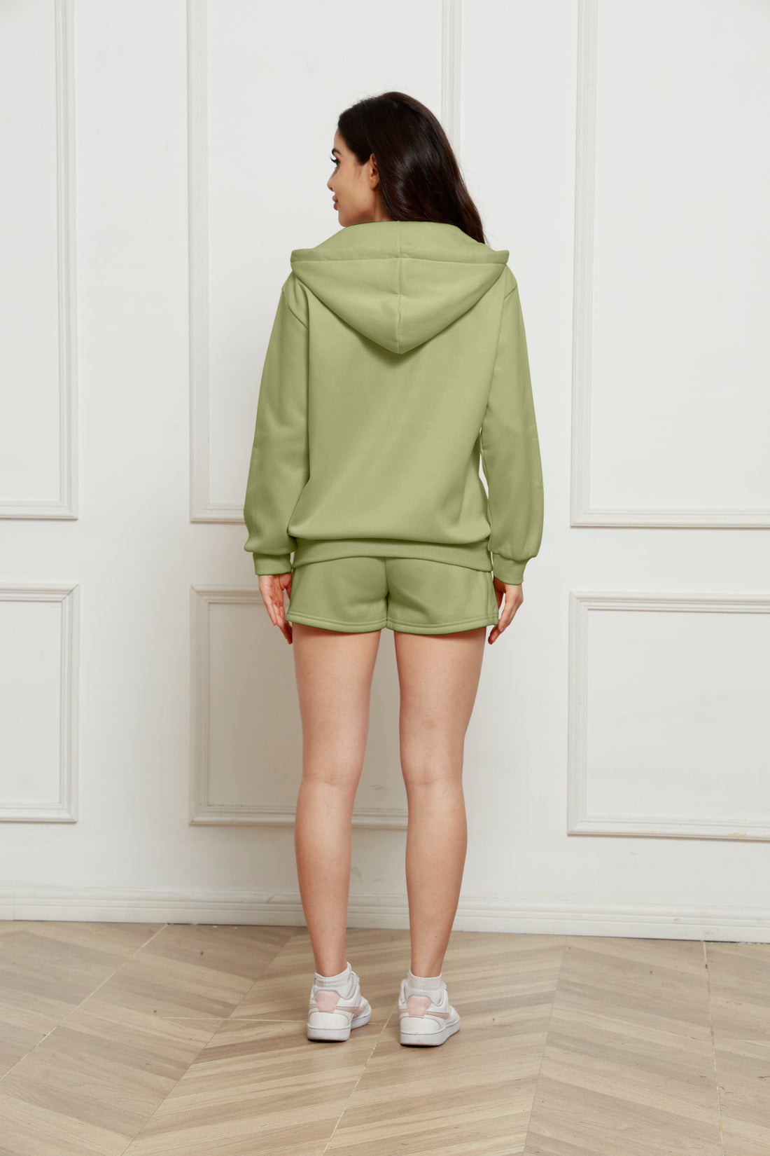 Zip Up Drawstring Hoodie and Shorts Set 