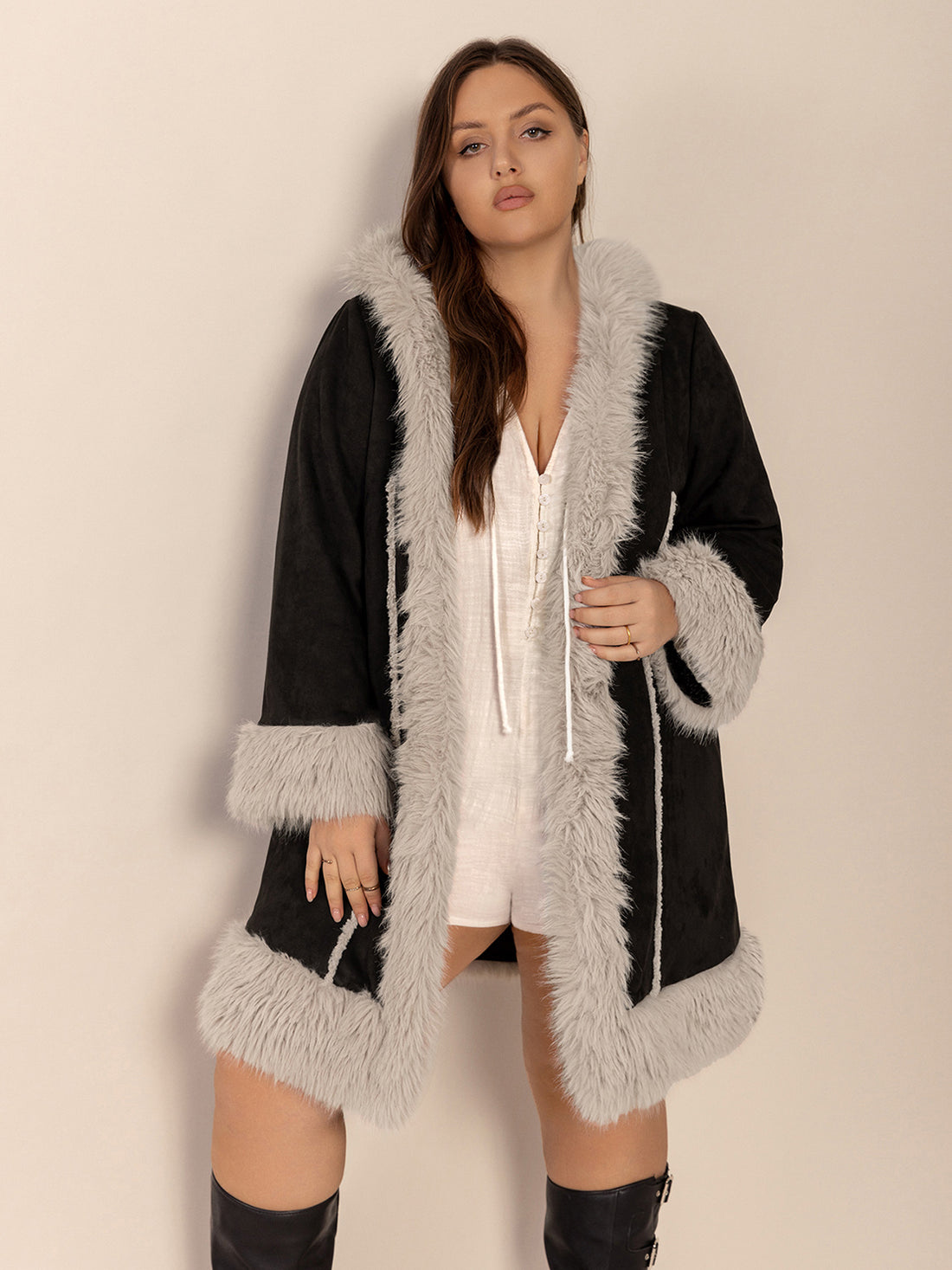 Plus Size Fuzzy Trim Open Front Long Sleeve Hooded Coat 