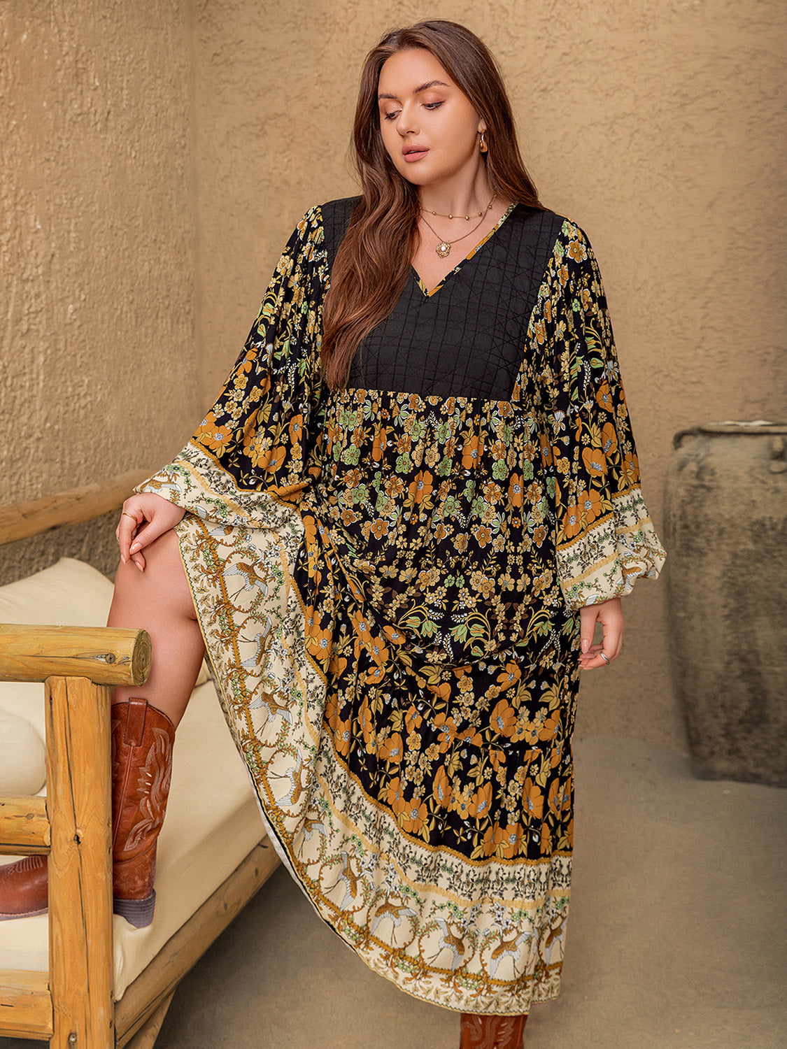 Plus Size Floral V-Neck Balloon Sleeve Midi Dress 