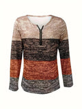 Color Block Quarter Zip Long Sleeve Blouse 