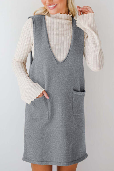 Lovelet Pocketed V-Neck Mini Sweater Overall Dress Dresses