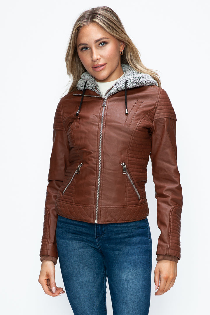 YMI Faux Layered Double-Zipper Jacket with Fuzzy Hood 