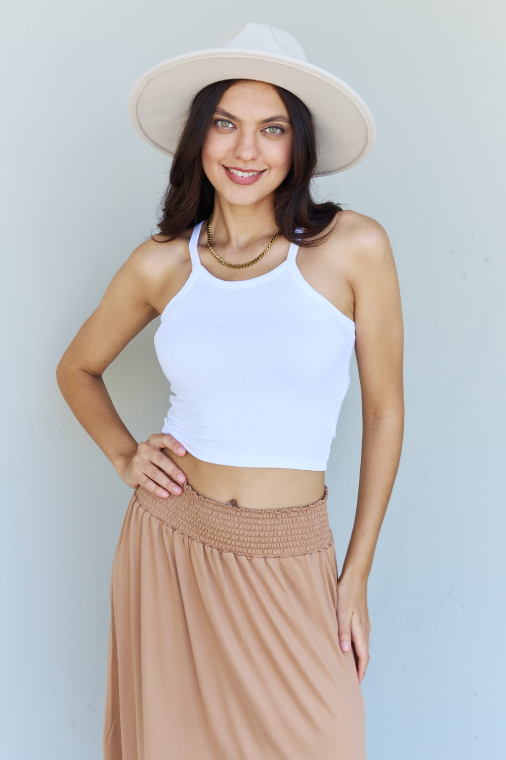 Doublju Comfort Princess Full Size High Waist Scoop Hem Maxi Skirt in Tan 